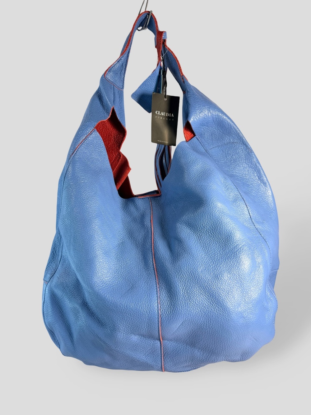 Claudia Firenze Blue Leather Hobo Bag with Red Trim
